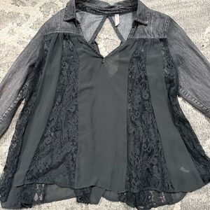 NWT Free People Black Lace and Denim Blouse